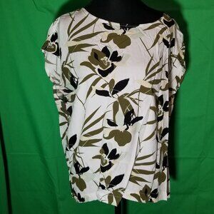 Liz Claiborne Womens Size Large White & Olive Green Floral Blouse Office Party